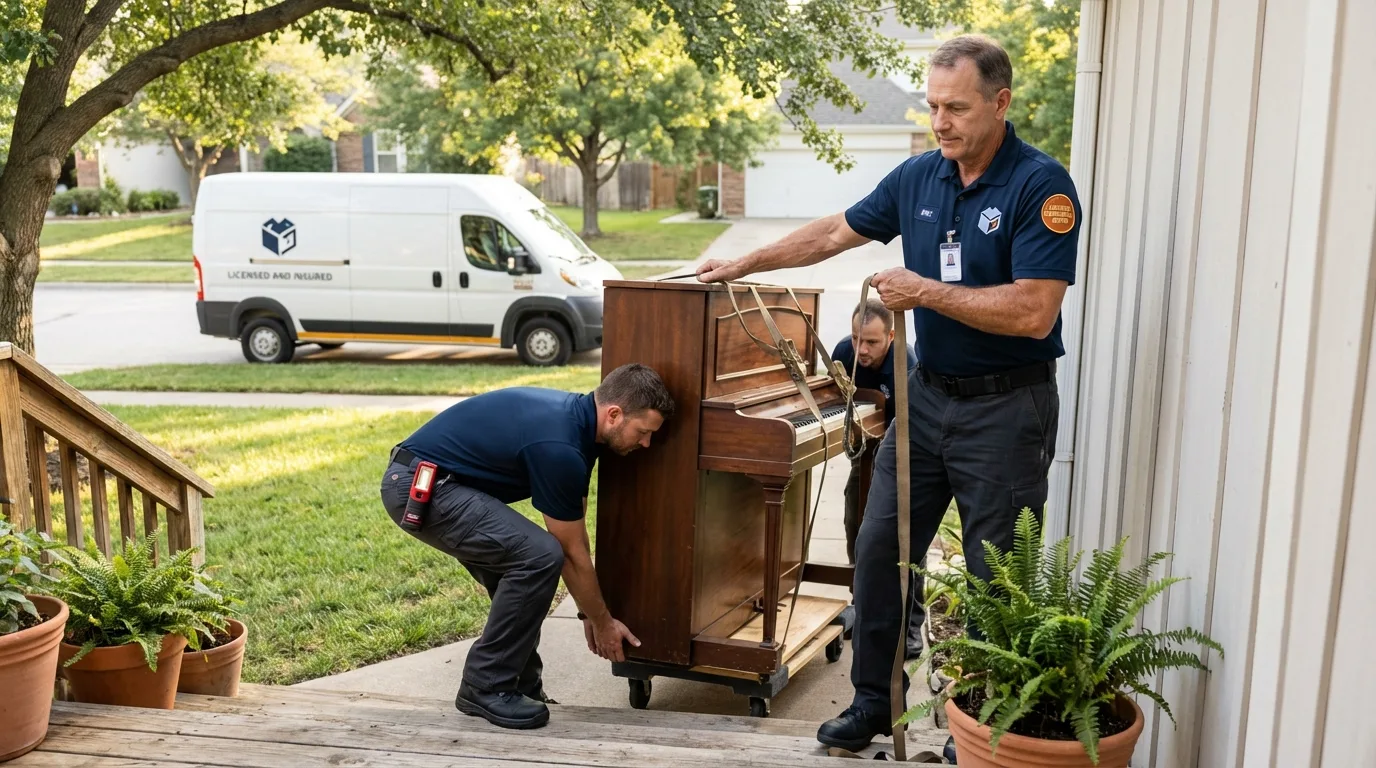 Licensed piano movers securing grand piano in South Amboy, NJ