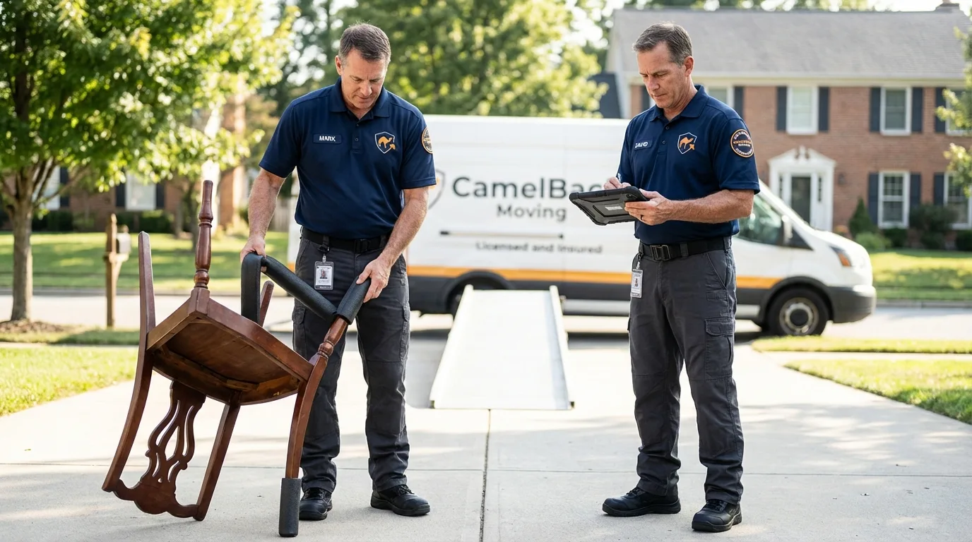 Movers inspecting furniture for damage prevention before loading in South Amboy, NJ
