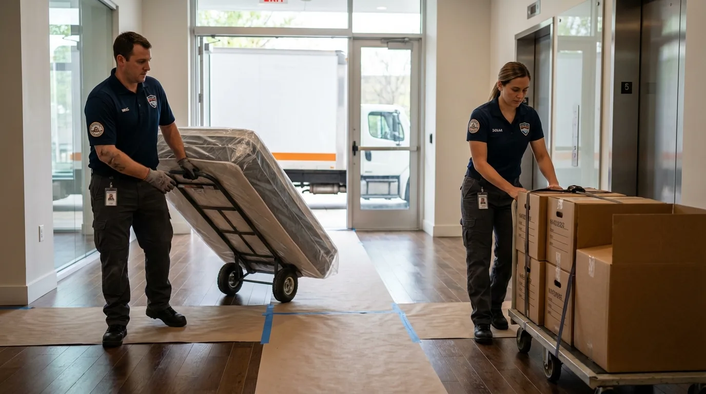 Professional apartment movers loading elevator in South Amboy, NJ