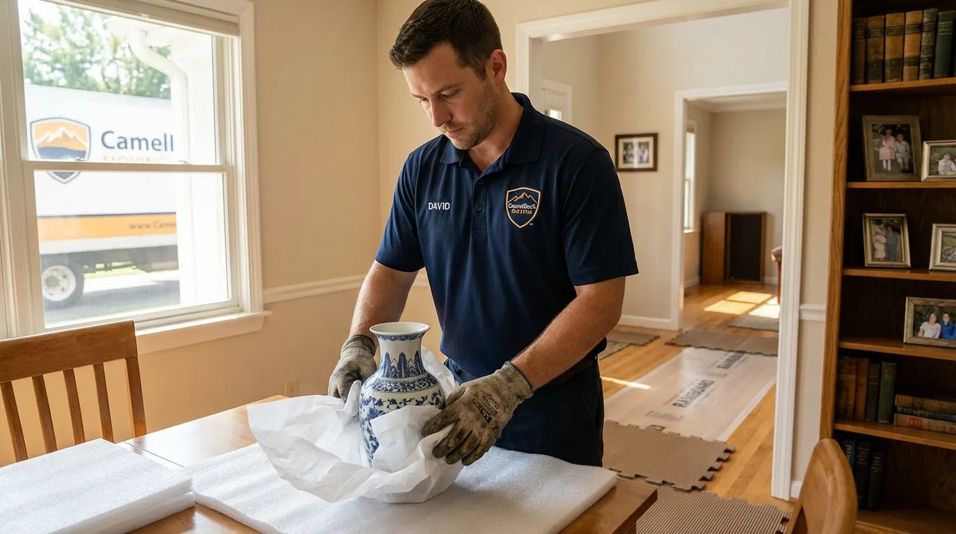 Professional crew carefully wrapping antique vase for senior downsizing move in South Amboy, NJ